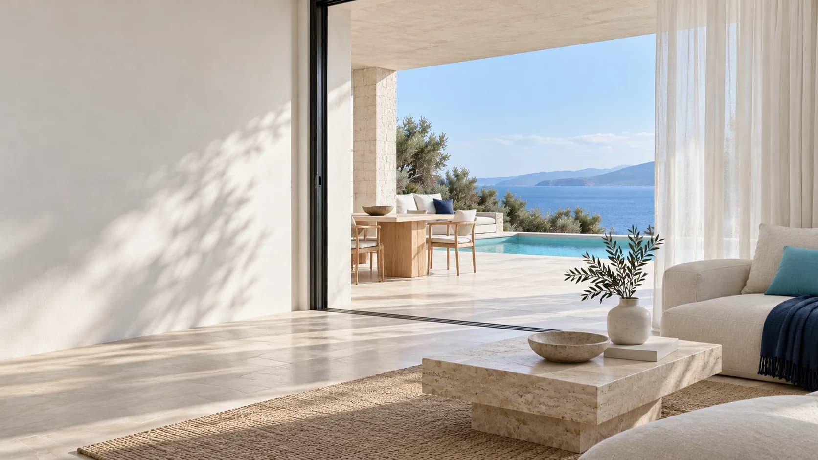 Ενδεικτικός χώρος φιλοξενίας με φωτεινή βεράντα και τιρκουάζ υδάτινες αποχρώσεις